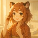 A smiling tanuki-eared girl Komochi gently touches her hair in a bright morning bathroom with soft sunlight, tea cup, and fruit basket, representing gentle and family-friendly gray hair care.（明るい朝のバスルームで、コモチが髪に触れながら微笑む、家族にやさしい白髪ケアのシーン）