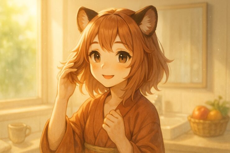 A smiling tanuki-eared girl Komochi gently touches her hair in a bright morning bathroom with soft sunlight, tea cup, and fruit basket, representing gentle and family-friendly gray hair care.（明るい朝のバスルームで、コモチが髪に触れながら微笑む、家族にやさしい白髪ケアのシーン）