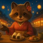 タヌキ型獣人のコモチが夜市の屋台でおにぎりを差し出す温かなファンタジーイラスト