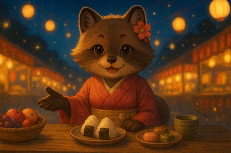 タヌキ型獣人のコモチが夜市の屋台でおにぎりを差し出す温かなファンタジーイラスト