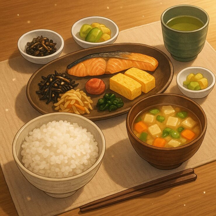 A beautifully arranged Japanese meal set with miso soup, rice, and seasonal side dishes, served on a wooden table.