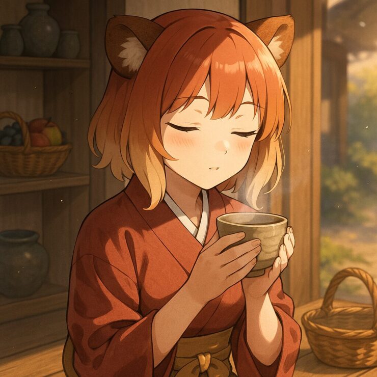 Komochi quietly sips tea during her break, sitting on a wooden porch in soft sunlight, surrounded by gentle warmth.