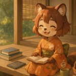 A smiling raccoon-eared girl relaxing on a traditional wooden veranda, surrounded by books and tea under soft sunlight.