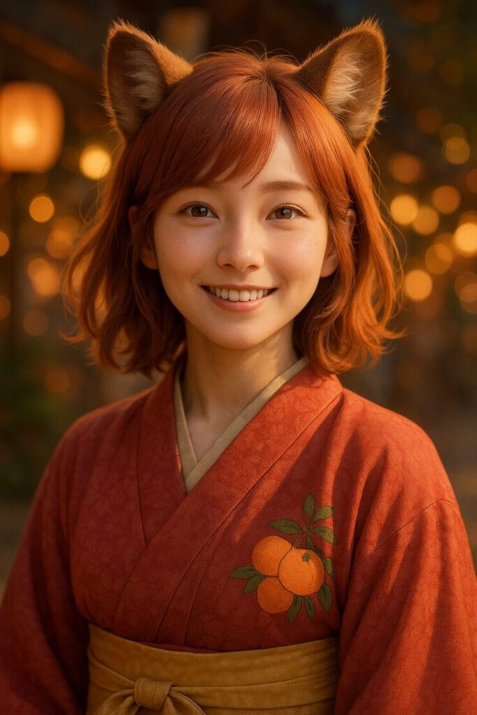 A warm portrait of Komochi, a gentle raccoon girl in a red kimono, softly lit by floating lanterns in a festival night.