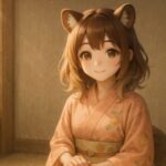 Komochi sits gently in a sunlit Japanese room, wearing a soft peach kimono and smiling warmly with her tanuki ears visible.