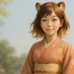 A gentle raccoon girl named Komochi stands beneath soft daylight in a peach-colored kimono, smiling calmly in a peaceful outdoor scene.