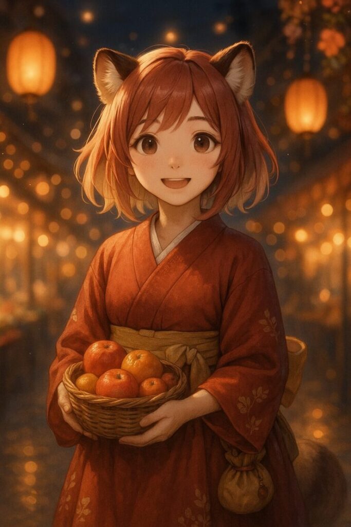 コモチが夜祭の灯に照らされて果物バスケットを持つ姿