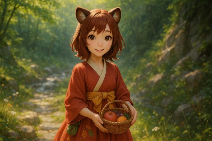 山の小道で果物を抱えたコモチが微笑むアイキャッチ画像