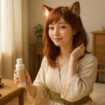 A gentle tanuki kemonomimi girl in soft white loungewear, brushing her hair calmly at home with natural daylight, symbolizing at-home hair care freedom.