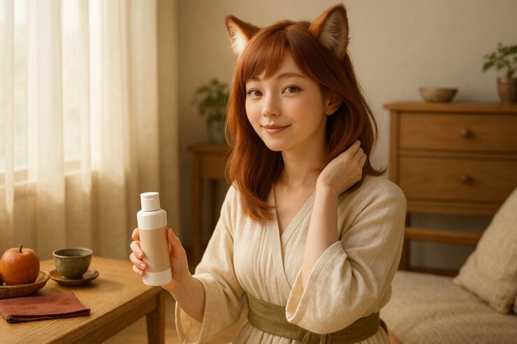 A gentle tanuki kemonomimi girl in soft white loungewear, brushing her hair calmly at home with natural daylight, symbolizing at-home hair care freedom.