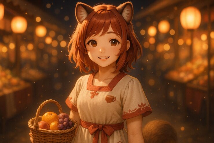 A gentle tanuki kemonomimi girl in a kimono-style dress, standing in a softly lit night market with floating lanterns, smiling warmly.