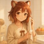 A tanuki kemonomimi girl in soft loungewear, gently styling her hair in a sunlit bathroom while watching her child, surrounded by calm morning light.