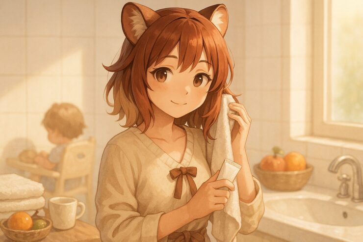 A tanuki kemonomimi girl in soft loungewear, gently styling her hair in a sunlit bathroom while watching her child, surrounded by calm morning light.