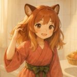 A smiling tanuki-eared girl Komochi touches her soft, voluminous hair in a bright morning bathroom with gentle light, tea cup, and fruit basket.（明るい朝のバスルームで、コモチがふんわり髪に触れながら微笑むシーン）