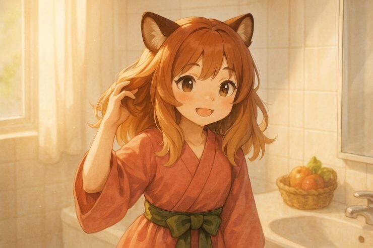 A smiling tanuki-eared girl Komochi touches her soft, voluminous hair in a bright morning bathroom with gentle light, tea cup, and fruit basket.（明るい朝のバスルームで、コモチがふんわり髪に触れながら微笑むシーン）