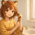 Komochi, a tanuki-eared girl, smiling as she touches her hair in a bright morning bathroom with soft sunlight, tea cup, and fruit basket, showing a cozy daily life.（朝の光差す洗面所で、コモチが髪に触れながら微笑む、温かい日常感のある白髪ケアシーン）