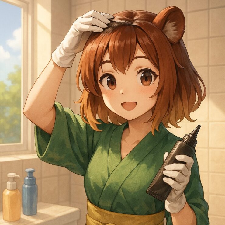 A cute tanuki-eared girl Komochi gently applying hair treatment to her hair in a bright morning bathroom, showing a warm daily life moment.(朝の明るいバスルームで、コモチが髪にトリートメントを馴染ませる温かな日常のひとこま)