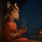 縁側に座り、夜空を見上げるタヌキ耳の少女｜A tanuki-eared girl gazing at the night sky from a wooden porch with warm tea in her hands
