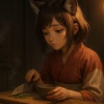 自炊中にふと手を止めたタヌキ耳の少女｜A tanuki-eared girl pausing while cooking, gazing softly in thought with a knife and vegetable in hand