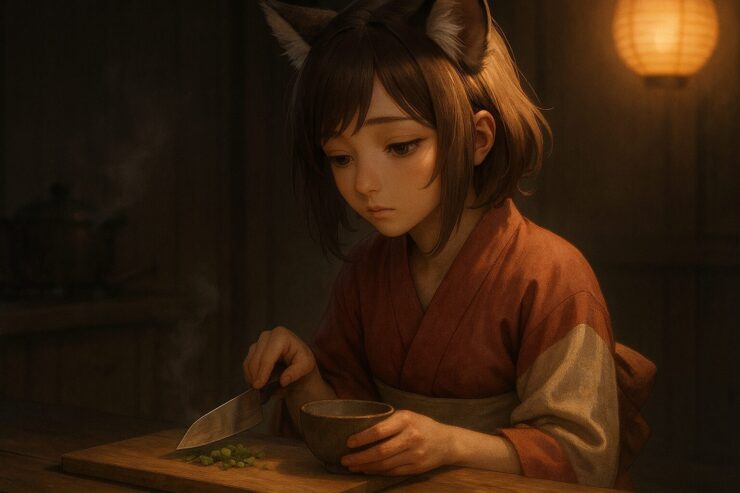 自炊中にふと手を止めたタヌキ耳の少女｜A tanuki-eared girl pausing while cooking, gazing softly in thought with a knife and vegetable in hand