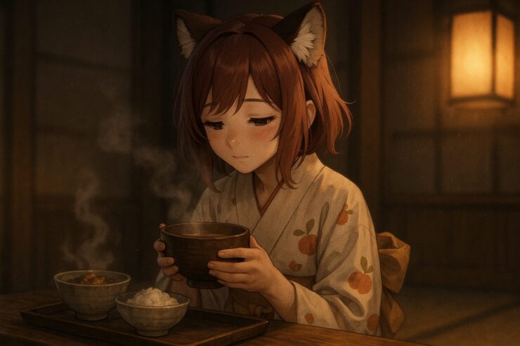 温かな湯気に包まれて食事をとるタヌキ耳の少女の横顔｜A tanuki-eared girl quietly having a warm meal, surrounded by gentle steam and lantern light