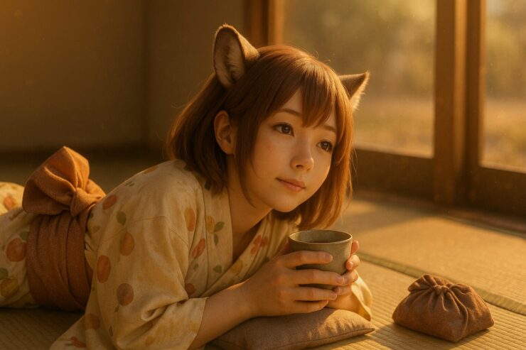 畳の上に横たわり、湯呑を手に静かに遠くを見つめるコモチ。果物柄の和装と巾着袋がそっと添えられ、午後の光が頬と手をやさしく照らす。 Komochi lies on a tatami mat, gently holding a teacup, gazing into the distance. Her fruit-patterned kimono and drawstring pouch rest beside her, bathed in warm afternoon light.
