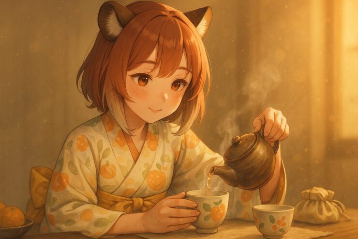 コモチが果物柄の着物でお茶を丁寧に注ぐ瞬間。頬にはやさしい火種が宿り、湯気と午後の光が空間を柔らかく包み込む。 Komochi gently pours tea from a rustic teapot, wearing a fruit-patterned kimono. Warm light and rising steam create a calming, quiet atmosphere.