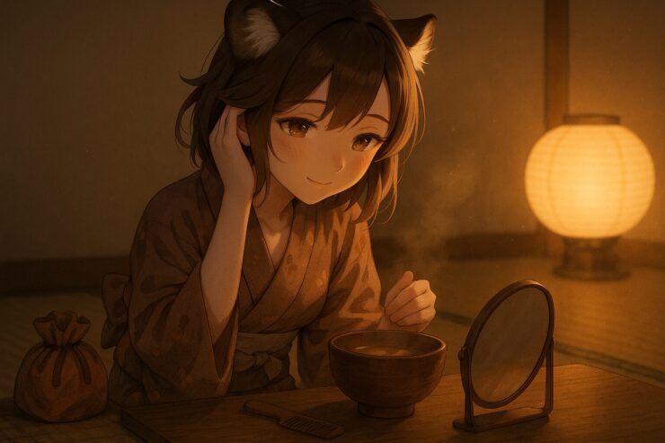 夜の和室で、コモチが小さな鏡に向かって髪を整えながら静かに微笑む。味噌汁の湯気とランタンの灯が、心の火種をやさしく照らしている。 In a quiet Japanese room, Komochi gently touches her hair while looking into a small mirror. The steam from miso soup and the glow of a paper lantern create a warm, introspective mood.