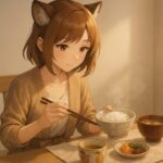 朝の光が差し込む食卓で、コモチがごはんを丁寧に整えている。果物柄の湯呑や小鉢が並ぶ、静かな一汁一菜の時間。 In warm morning light, Komochi gently arranges her rice with chopsticks. A peaceful moment with a balanced Japanese breakfast, fruit-patterned cup, and soft ambiance.