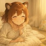 よく眠った朝、コモチがふわりと笑みを浮かべながら目を覚ます。果物柄のクッションとやわらかな光が、“整った眠り”の火種をそっと照らす。 Komochi wakes up with a soft smile, bathed in gentle morning light. A fruit-patterned pillow and warm futon create a sense of quiet recovery after restful sleep.