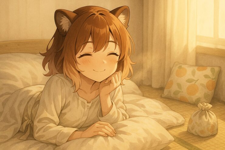 よく眠った朝、コモチがふわりと笑みを浮かべながら目を覚ます。果物柄のクッションとやわらかな光が、“整った眠り”の火種をそっと照らす。 Komochi wakes up with a soft smile, bathed in gentle morning light. A fruit-patterned pillow and warm futon create a sense of quiet recovery after restful sleep.
