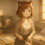 コモチが掃除の途中でリボンを結び直しながら、整いかけの部屋をやさしく見つめる。畳と柔らかい布、果物柄の小物が、暮らしを整える静かな火種となる。 Komochi pauses while cleaning, adjusting her waist ribbon and gazing around a half-tidy room. Tatami, folded cloths, and fruit-patterned items radiate calm and order in morning light.