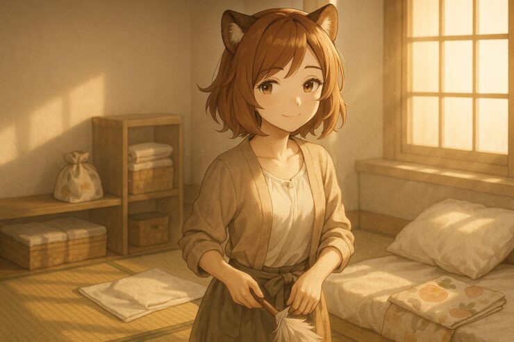 コモチが掃除の途中でリボンを結び直しながら、整いかけの部屋をやさしく見つめる。畳と柔らかい布、果物柄の小物が、暮らしを整える静かな火種となる。 Komochi pauses while cleaning, adjusting her waist ribbon and gazing around a half-tidy room. Tatami, folded cloths, and fruit-patterned items radiate calm and order in morning light.