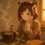 夕方の台所で、コモチが煮物の土鍋を見つめながら静かに過ごす。湯気とやわらかな光が、忙しさの中の“立ち止まる瞬間”を照らす。 Komochi watches a simmering pot of stew in the warm light of early evening. The rising steam and soft ambient glow capture a moment of pause amid life’s rush.