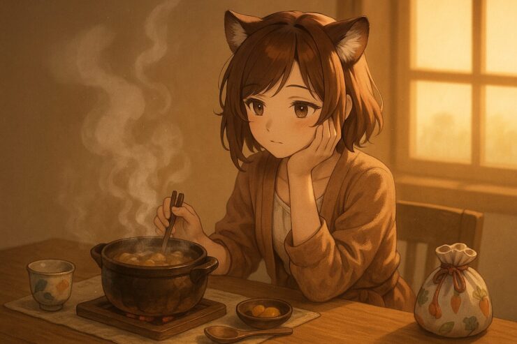 夕方の台所で、コモチが煮物の土鍋を見つめながら静かに過ごす。湯気とやわらかな光が、忙しさの中の“立ち止まる瞬間”を照らす。 Komochi watches a simmering pot of stew in the warm light of early evening. The rising steam and soft ambient glow capture a moment of pause amid life’s rush.