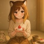 コモチがいちご大福を両手で差し出し、少し照れたように微笑む。果物柄の巾着袋とお茶のセットが添えられた、やさしい私服姿の火種シーン。 Komochi, dressed in soft casual clothes, offers a strawberry daifuku with a shy smile. A fruit-patterned pouch and tea set nearby enhance the warm, soothing atmosphere.