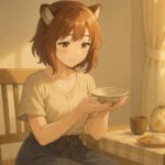 コモチが柔らかな私服姿で新しい器を両手にそっと見つめる。自然光が差し込む部屋で、腰のリボンと果物柄の巾着袋が心地よい暮らしの輪郭を描いている。 Komochi, in gentle casual wear, gazes quietly at a ceramic bowl she holds. Sunlight filters through the window, highlighting her waist ribbon and a fruit-patterned pouch in a peaceful living space.