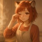 キッチンで涙を拭うコモチ。夕暮れの光が差す中、温かな湯気とともに静かな感情が浮かぶ一瞬を切り取った情緒的な横構図。 Komochi wipes a tear in a warm-lit kitchen, captured in a quiet emotional moment surrounded by steam and soft evening light.