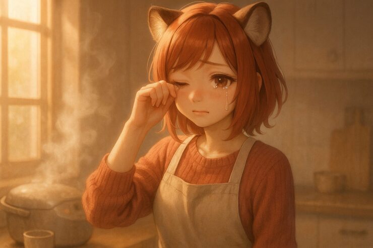 キッチンで涙を拭うコモチ。夕暮れの光が差す中、温かな湯気とともに静かな感情が浮かぶ一瞬を切り取った情緒的な横構図。 Komochi wipes a tear in a warm-lit kitchen, captured in a quiet emotional moment surrounded by steam and soft evening light.