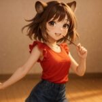 赤いフリルスリーブのトップスとデニムミニスカートを着たコモチが、ポッキーを片手に踊るように微笑む姿。夕暮れの室内で頬に光を受け、あたたかな空気と粒子が舞う一瞬を切り取った構図。 Komochi in a red frill-sleeve top and denim mini skirt smiles mid-dance, holding a Pocky stick in warm golden light, surrounded by soft haze and floating particles.