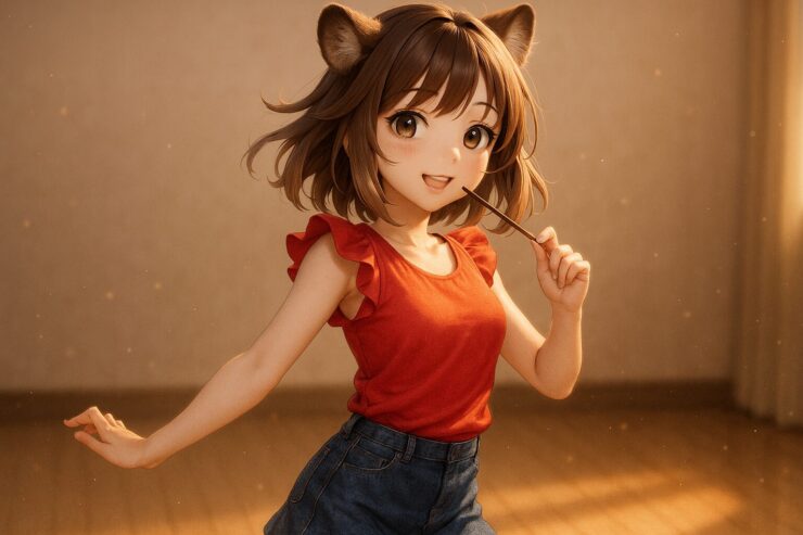 赤いフリルスリーブのトップスとデニムミニスカートを着たコモチが、ポッキーを片手に踊るように微笑む姿。夕暮れの室内で頬に光を受け、あたたかな空気と粒子が舞う一瞬を切り取った構図。 Komochi in a red frill-sleeve top and denim mini skirt smiles mid-dance, holding a Pocky stick in warm golden light, surrounded by soft haze and floating particles.