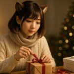 冬の部屋で、短めの黒髪とタヌキ耳を持つコモチがクリスマス準備をしている。 白ニットとマフラーの私服で、机の上のリースや小物をそっと整えている情景。 Komochi with short black hair and raccoon ears arranging Christmas decorations in a warm winter room, wearing a white knit sweater and scarf, gently touching a wreath and small ornaments on the table.