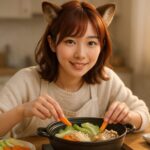 静かな冬の光の中、紅花色の髪とたぬき耳が揺れるコモチが、卓上鍋に野菜をそっと並べている構図。頬に柔らかい光が落ち、湯気と木のテーブルが温かい雰囲気をつくる。 A young woman with safflower-toned hair and raccoon ears prepares a warm hotpot, soft light falling on her cheeks as steam rises gently from the pot.