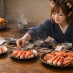 2人・4人・6人分のカニ盛りを並べて器を整えるコモチの冬支度の食卓 Komochi arranging crab servings for 2, 4, and 6 people at a peaceful winter dining table.