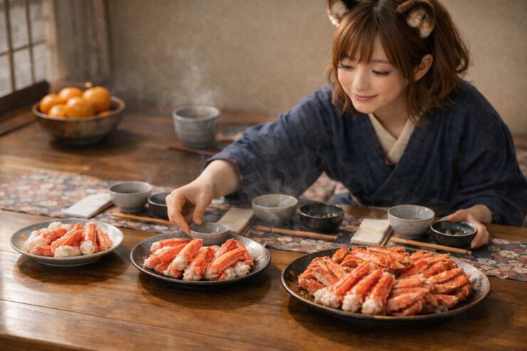 2人・4人・6人分のカニ盛りを並べて器を整えるコモチの冬支度の食卓 Komochi arranging crab servings for 2, 4, and 6 people at a peaceful winter dining table.