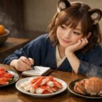 冬の食卓で3種類のカニ料理を前に、メモを取りながら比較検討するコモチの様子。カニ通販3社を選ぶイメージ。 Komochi thoughtfully comparing three types of crab dishes at a cozy winter table, taking notes while choosing a crab delivery service.
