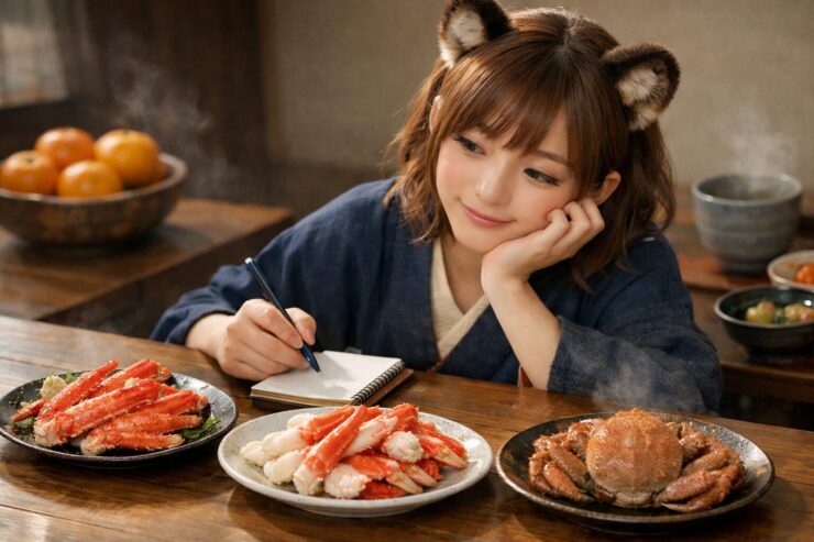 冬の食卓で3種類のカニ料理を前に、メモを取りながら比較検討するコモチの様子。カニ通販3社を選ぶイメージ。 Komochi thoughtfully comparing three types of crab dishes at a cozy winter table, taking notes while choosing a crab delivery service.
