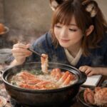 湯気立つカニ鍋を囲む冬の食卓で、むき身をやさしく持ち上げるコモチの表情 Komochi gently lifting a piece of crab meat from a steaming hotpot at a cozy winter dining table.