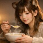 年末の夜、即食のご褒美ごはんを静かに味わうコモチ。温かい室内光とやわらかな空気に包まれ、疲れをほどく表情が印象的な横長ポートレート。 Komochi enjoying an easy gourmet meal indoors, wrapped in soft warm light. A horizontal portrait capturing rest, comfort, and quiet reward after a long day.