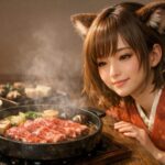すき焼き鍋を前に、たぬ耳の女の子コモチが穏やかな表情で近江牛の湯気を見つめている横長ポートレート。暖かな光と食卓のぬくもりが伝わる構図。 A warm landscape portrait of Komochi, a girl with tanuki ears, gazing softly at a steaming sukiyaki pot with beautifully marbled Omi beef. Gentle light and a cozy winter table setting.
